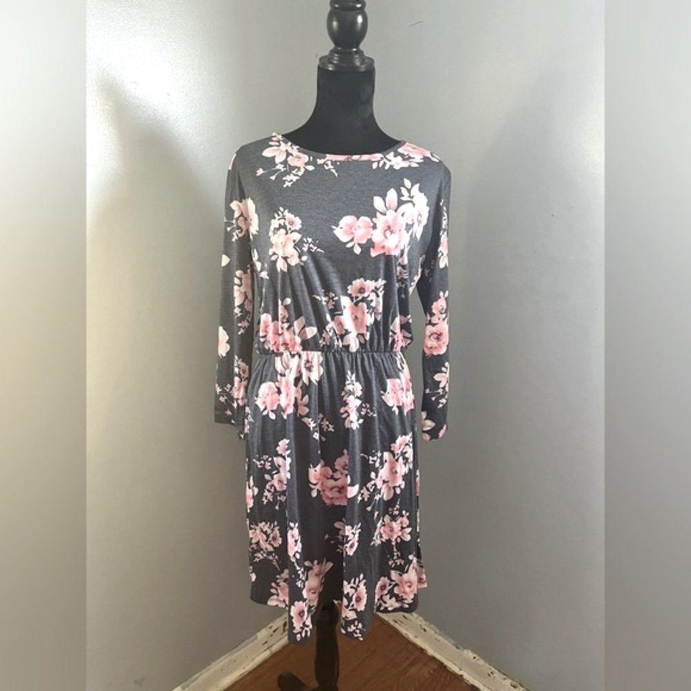 Tickled Teal “Vintage Floral” Dress, Charcoal Gray & Pink Floral Print, Size XL